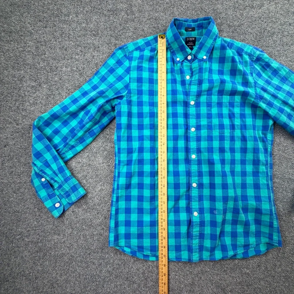 J.Crew Mens Slim Fit Flex Washed Gingham Button Down Shirt Blue Teal Medium
